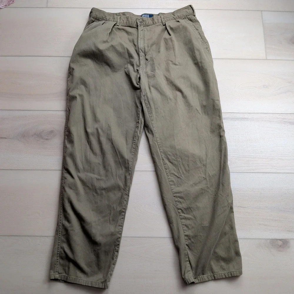 VTG Polo Ralph Lauren Pleated Chino Pants Men 36x30 (Fits 34x30) Olive Green USA